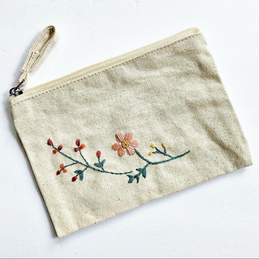 Embroidered Zippered Pouch Hand Embroidered Floral Make Up Bag Pouch Boho Flower